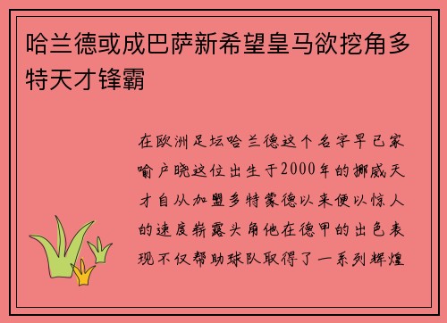 哈兰德或成巴萨新希望皇马欲挖角多特天才锋霸